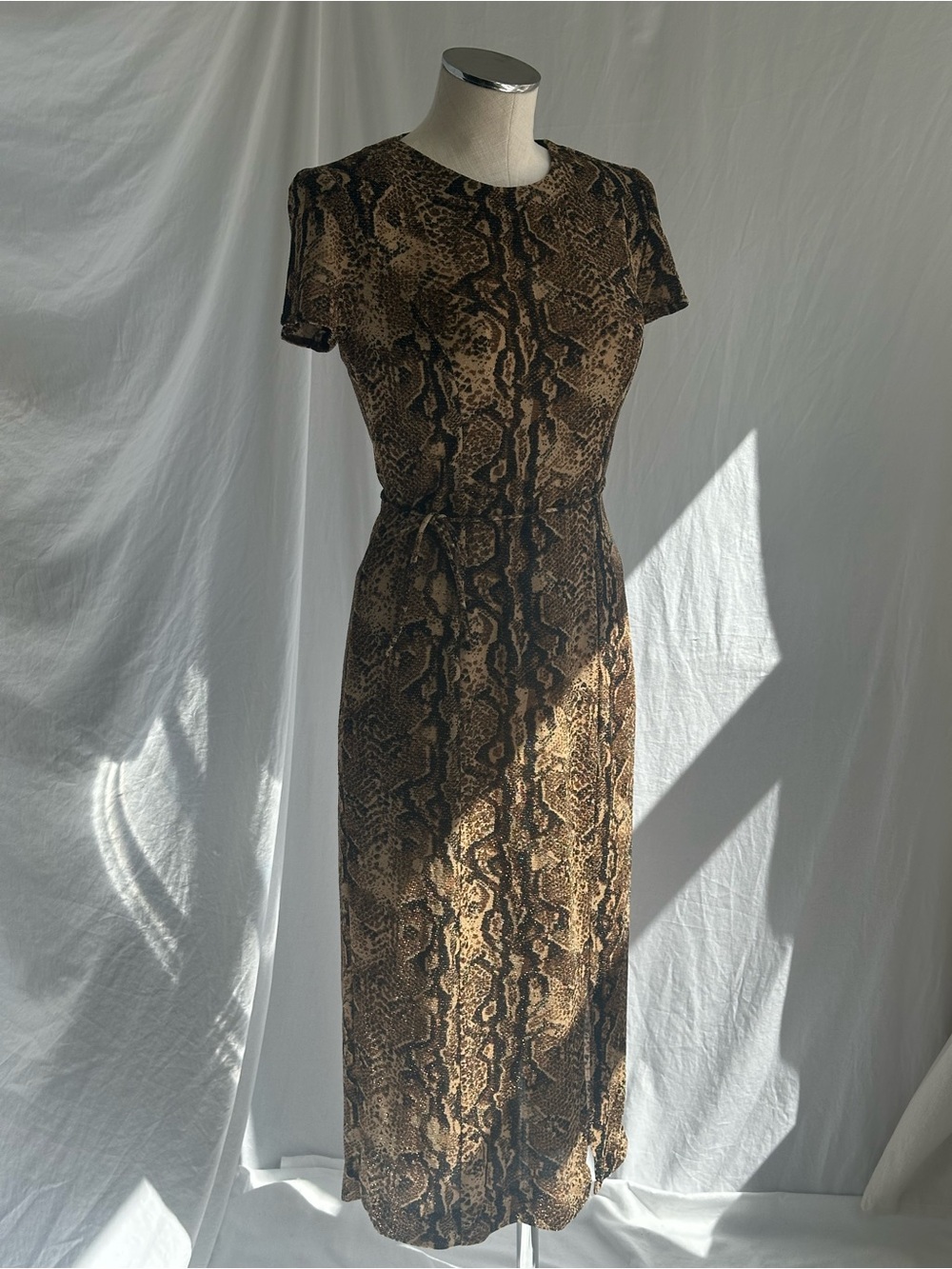 Vintage 90s Snakeskin Print Midi Dress | Metallic Thread | Size Small